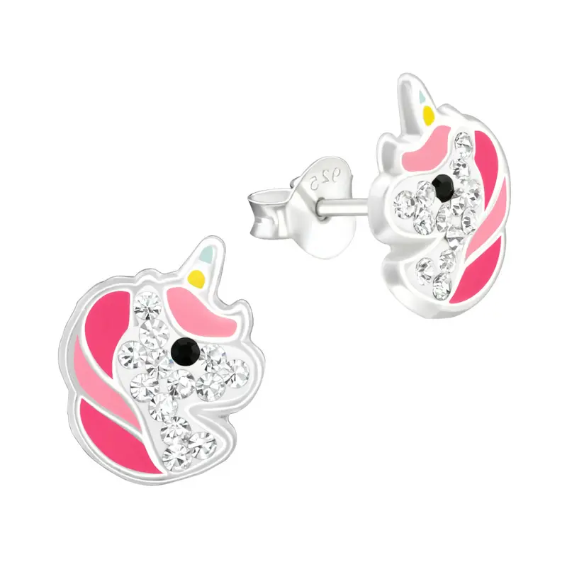 Zilveren kinderoorbellen - Unicorn roze strass