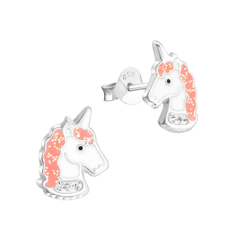 Zilveren kinderoorbellen - Unicorn wit strass