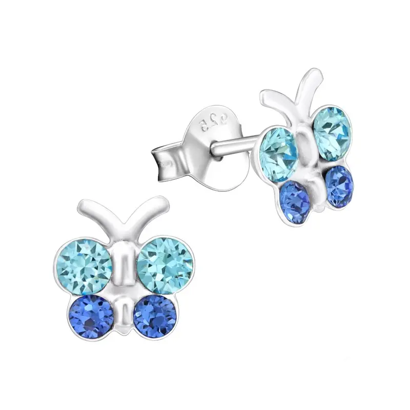 Zilveren kinderoorbellen - Vlinder blauw strass