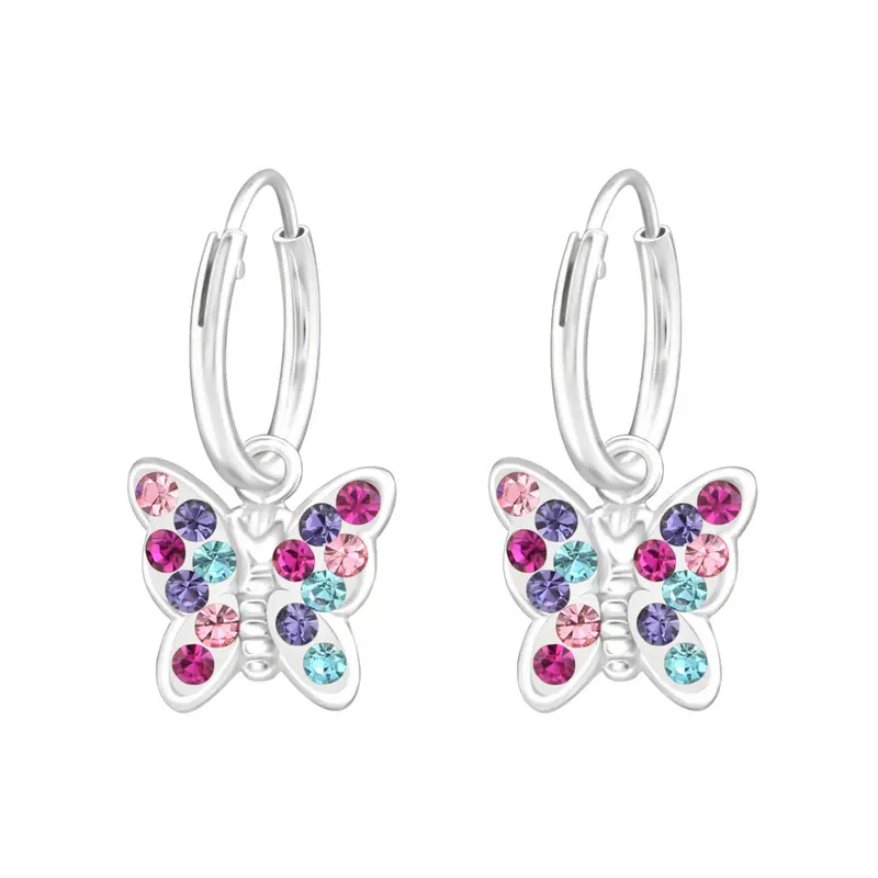 Zilveren kinderoorbellen - Vlinder creolen multicolor strass