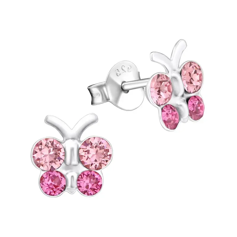 Zilveren kinderoorbellen - Vlinder roze strass