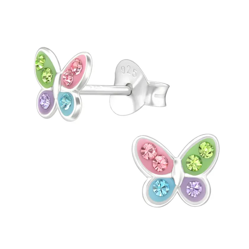 Zilveren kinderoorbellen - Vlindertje multicolor
