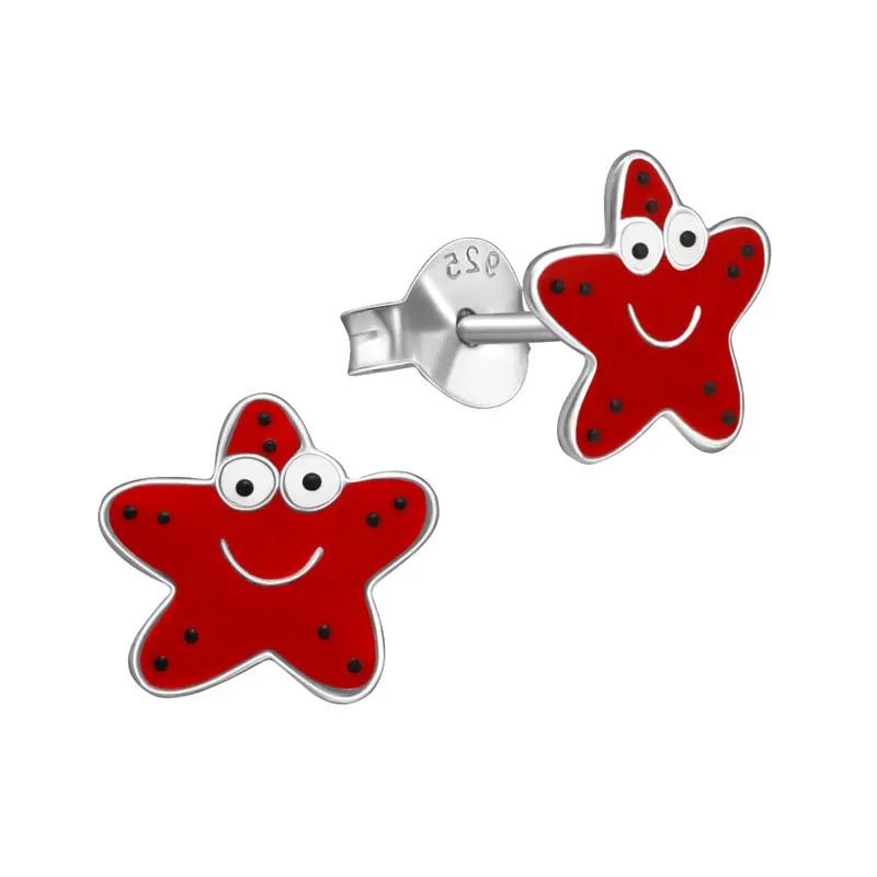 Zilveren kinderoorbellen - Zeester rood