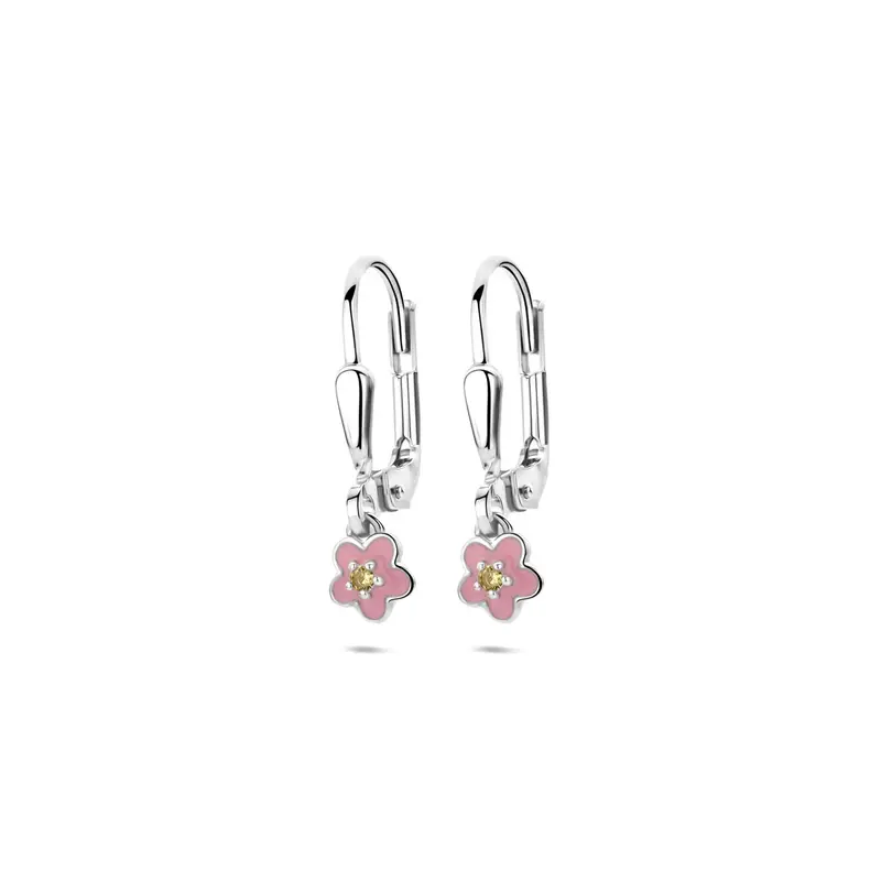 Zilveren oorhangers met emaille bloem en gele zirkonia – 19 mm