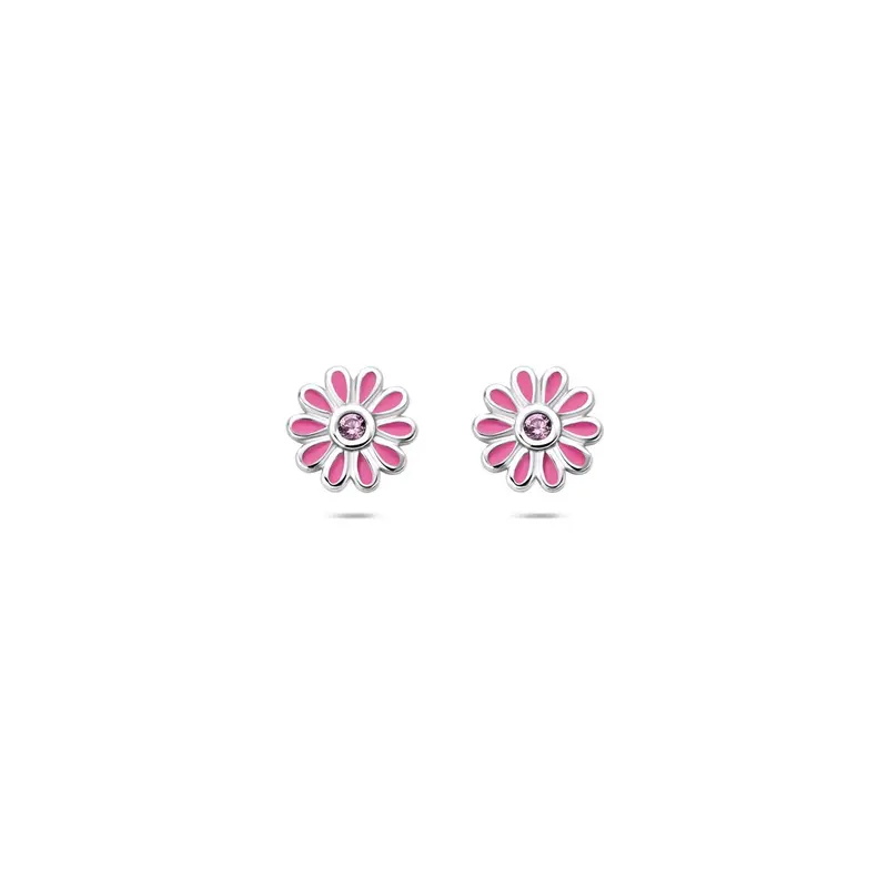 Zilveren oorknopjes bloem met roze zirkonia – gerhodineerd