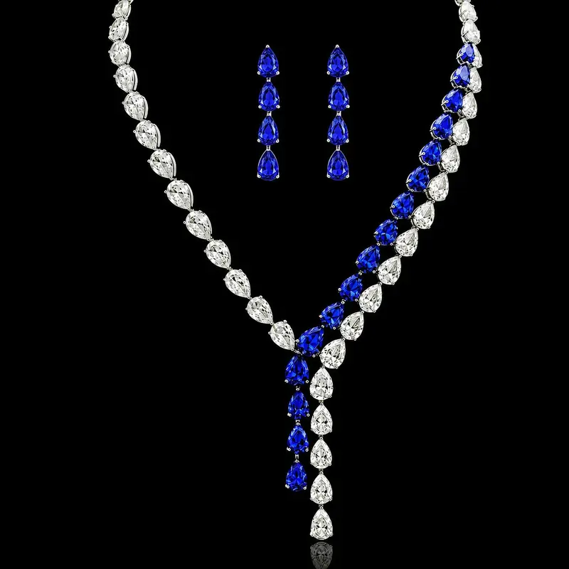 Zilverkleurige Blu Eleganza Collier en Oorbellen met Blauwe Zirkonia Stenen