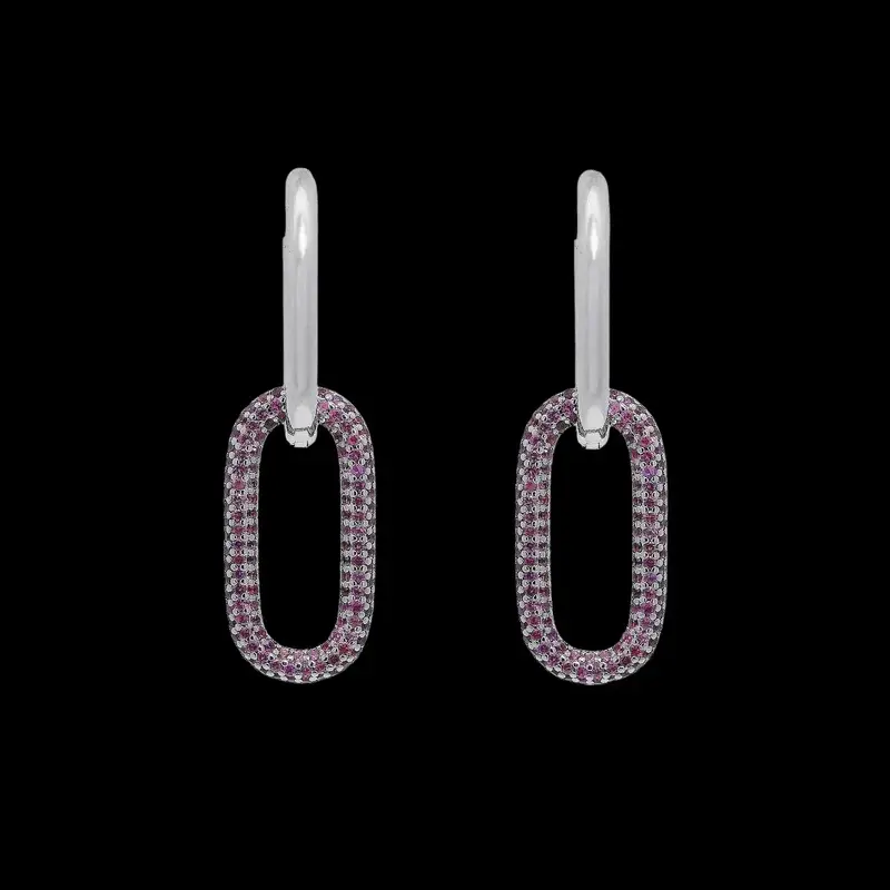 Zilverkleurige lange link oorbellen met roze zirkonia stenen