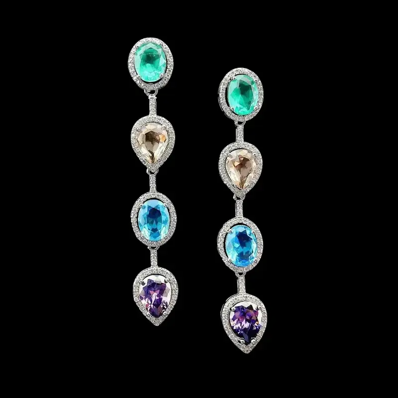 Zilverkleurige Lange Oorbellen met Multicolor Zirkonia Stenen