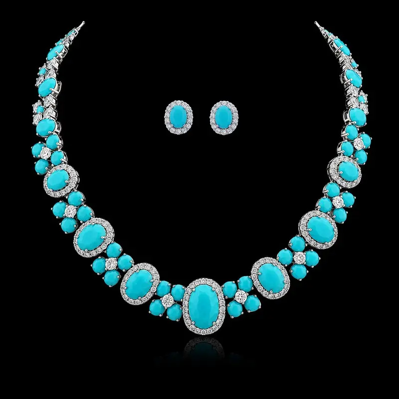 Zilverkleurige Positano Collier en Oorbellen met Turkooizen en Zirkonia Stenen