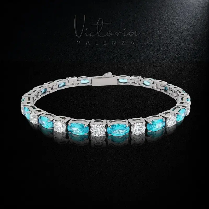 Zilverkleurige RVS Tennisarmband met Blauwe en Witte Zirkonia Stenen