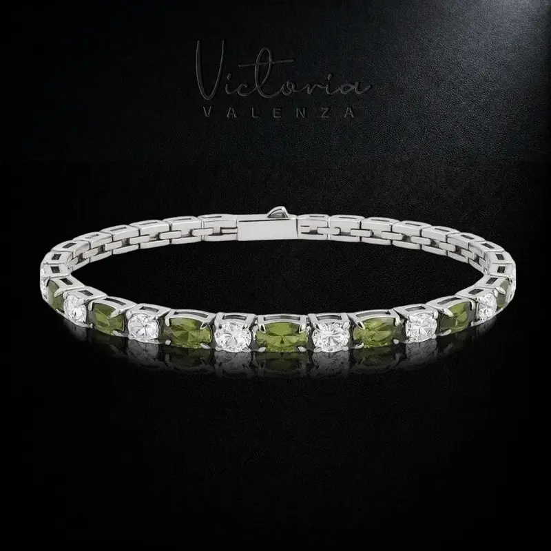 Zilverkleurige RVS Tennisarmband met Olijfgroene en Witte Zirkonia Stenen