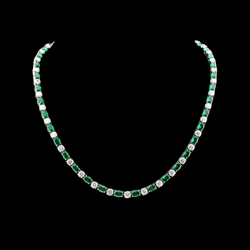 Zilverkleurige RVS Tenniscollier met Ovale Groene Zirkonia Stenen