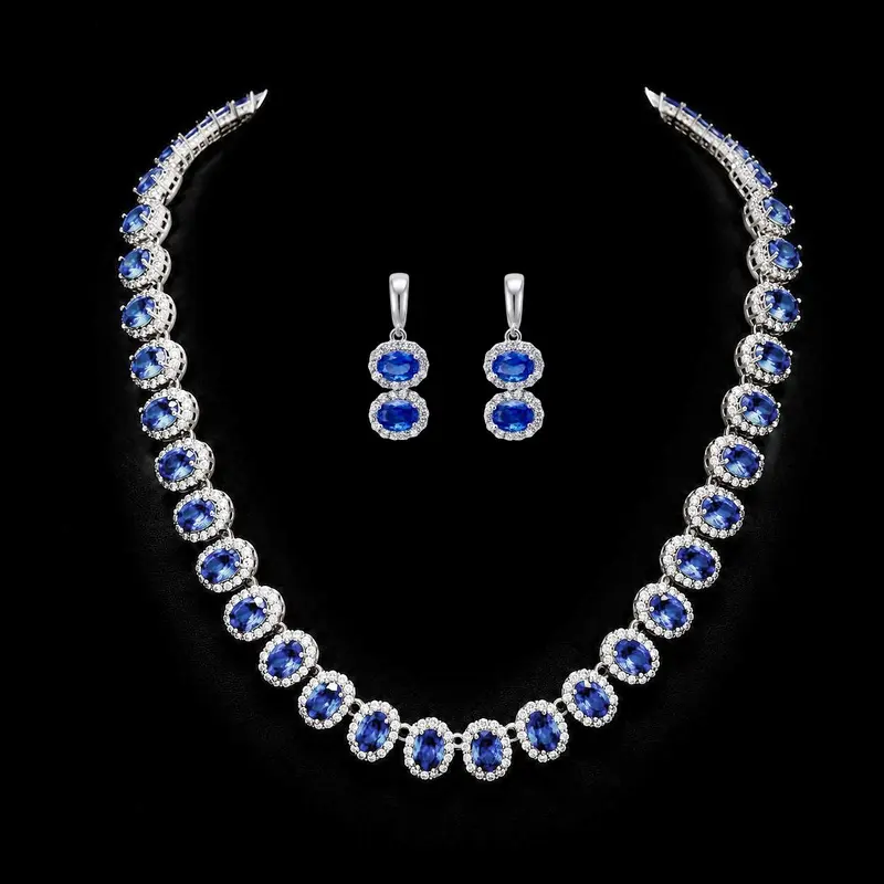 Zilverkleurige Sofia Blue Collier en Oorbellen met Saffierkleurige Zirkonia Stenen