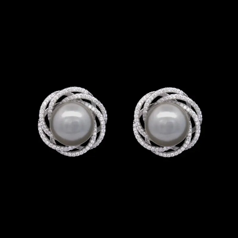Zilverkleurige Twist Oorbellen met Grijze Parels en Zirkonia Stenen
