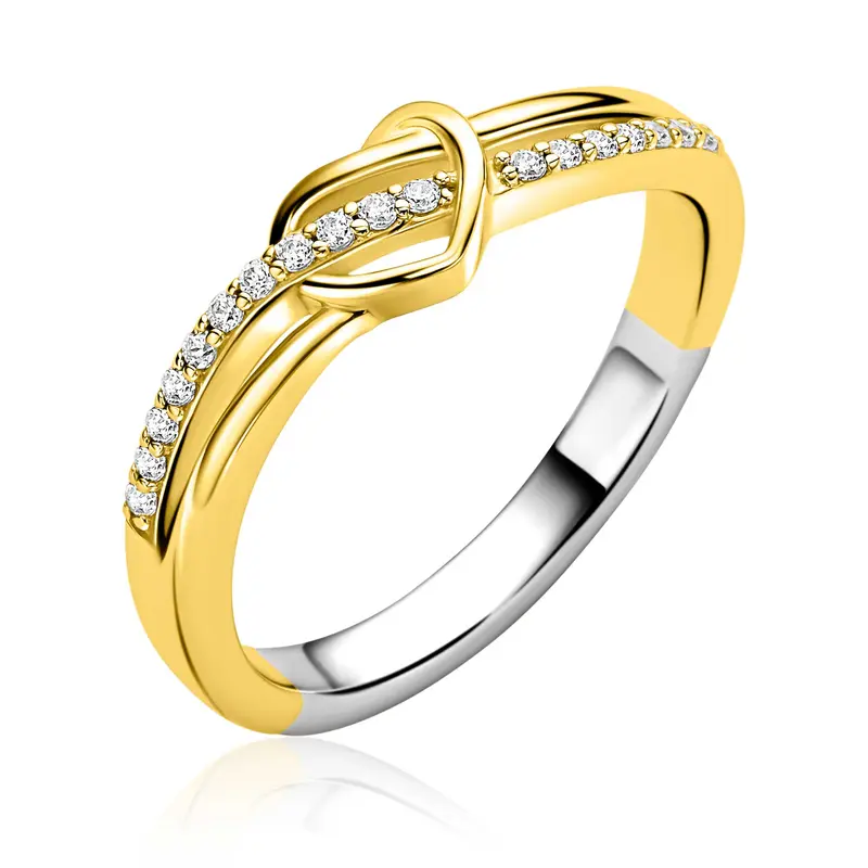 ZINZI Verguld Zilveren Cross-over Ring met Hart en Witte Zirkonia ZIR2874Y