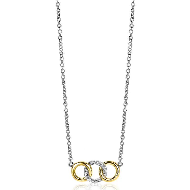 ZINZI zilveren ketting 45cm geel verguld met 3 open rondjes verbonden wit ZIC2045Y