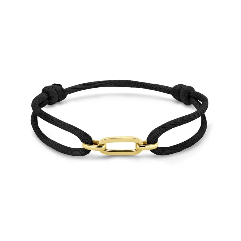 Zwart gevlochten dames armband met 14k geelgouden schakel – verstelbaar 13-26 cm