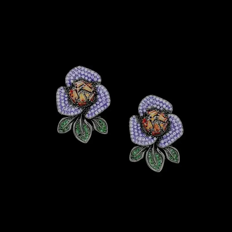 Zwarte Bloem Oorbellen met Lila, Oranje en Groene Zirkonia Stenen