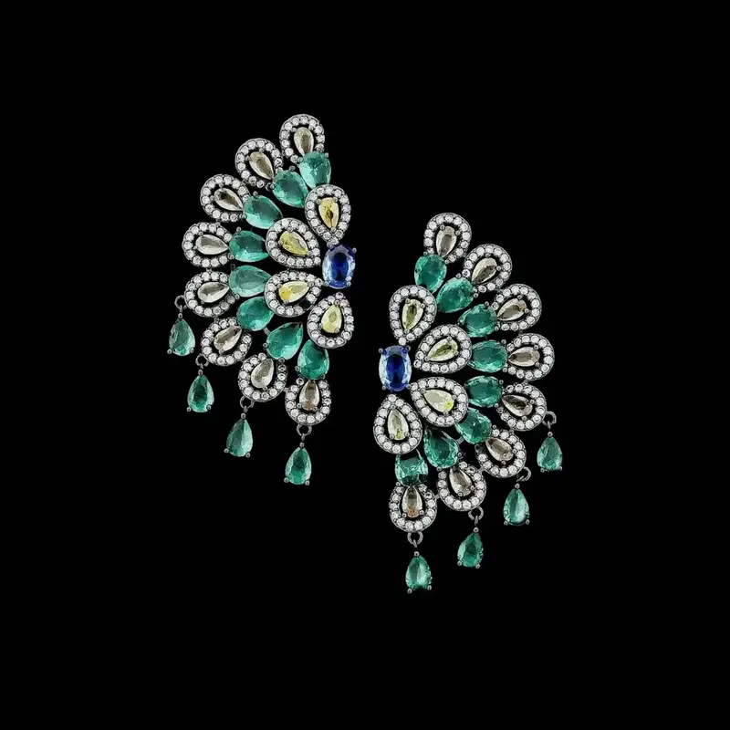 Zwarte Cascade Oorbellen met Groene Zirkonia Stenen