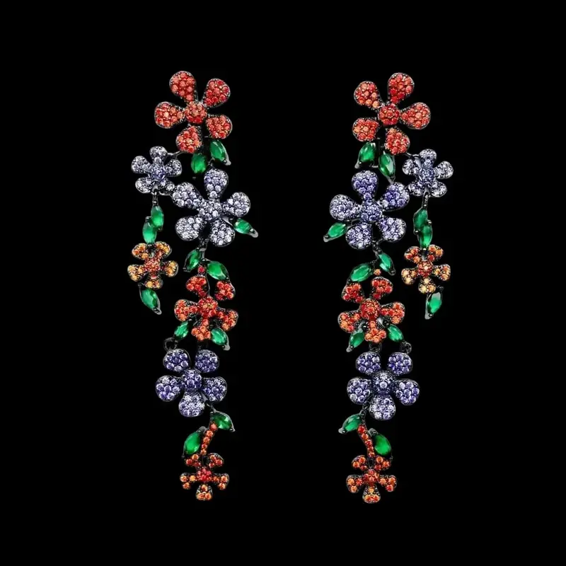 Zwarte Lange Bloem Oorbellen met Multicolor Zirkonia Stenen