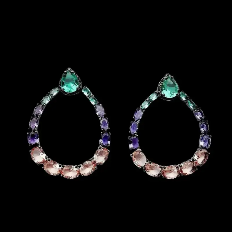 Zwarte Ronde Oorbellen met Multicolor Zirkonia Stenen