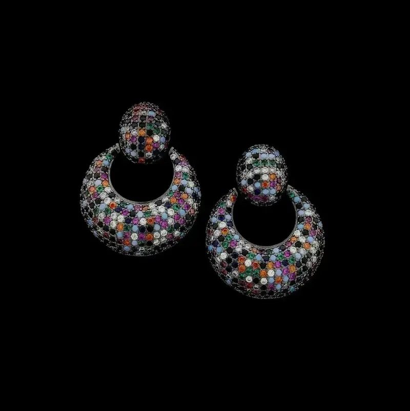 Zwarte Ronde Oorbellen met Multicolor Zirkonia Stenen